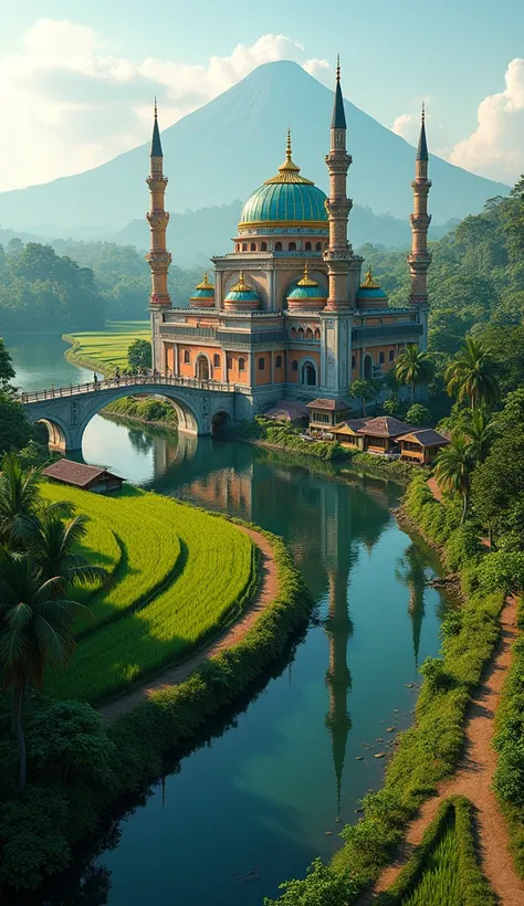 Hyper-realistic and highly detailed prompt:

An aerial view showcases a vibrant and majestic mosque perched on the edge of a tranquil river in a traditional Javanese village near Yogyakarta. The mosque is a masterpiece of bright colors, featuring a turquoi...