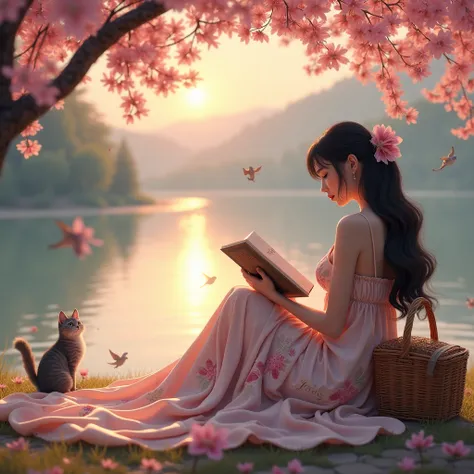 A 3d realistic woman, black hair color, holding a picnic basket, reading a book infron of the lake, with a floral long dress, sitting under the cherry blossom tree,, theres a sunset, with a cat and birds, had a name on her dress "Jers" with a font