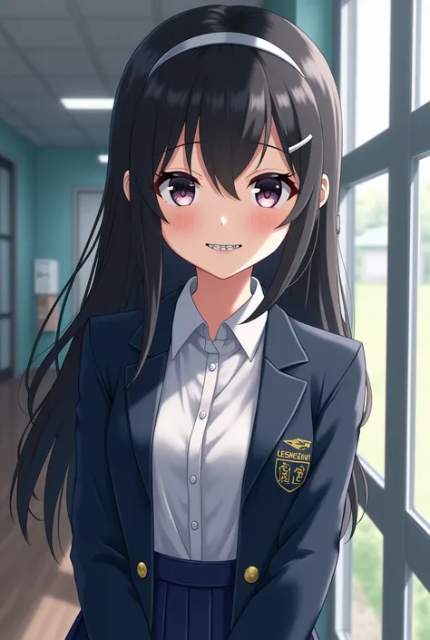 Create a girl with long black hair wearing a sleeve-type headband with a school uniform with braces 


