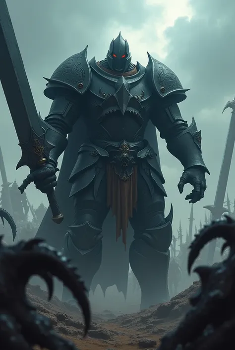  Grain from the movie ,  animated, knight,  armor made of obsidian,  huge ,  dark giant sword , surrounded by monsters  