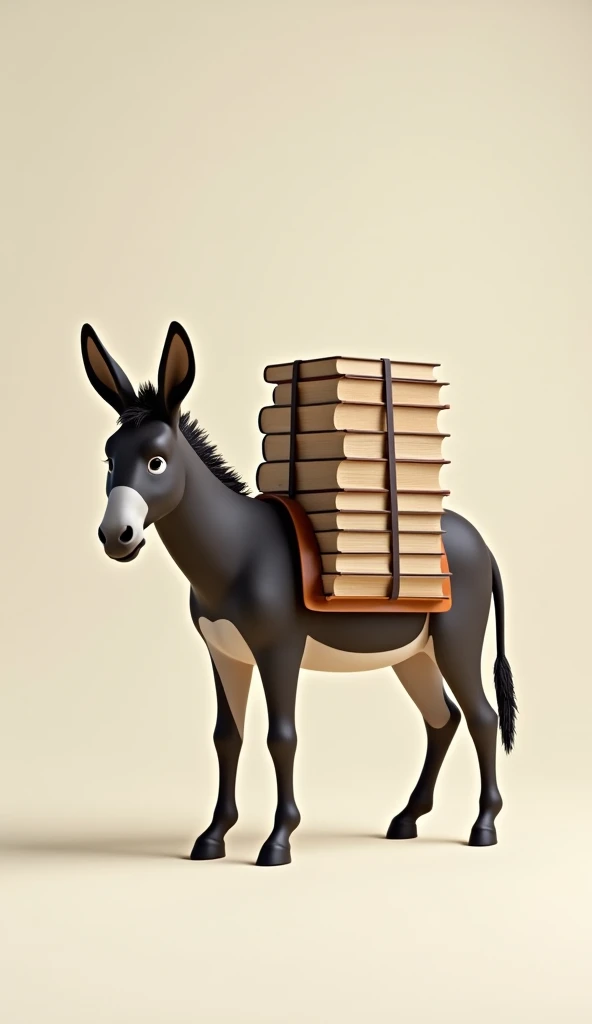 "A clear and simple image of a donkey standing in the middle ground of the frame, carrying -12 books stacked and tied securely on its back. The background is very plain, soft, and neutral-colored without any designs, patterns, or distractions, focusing ent...