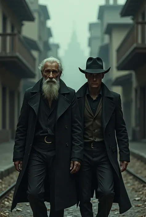 create a character, For a book. This must be an old man, with a 24-year-old young man in a dark city in the West without a hat 