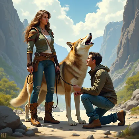 A woman stands confidently in a rugged, natural landscape holding a leash attached to a majestic, howling wolf. Beside her, a man is kneeling in a playful, exaggerated manner, perhaps in awe or admiration. The scene contrasts wild nature with whimsical fan...