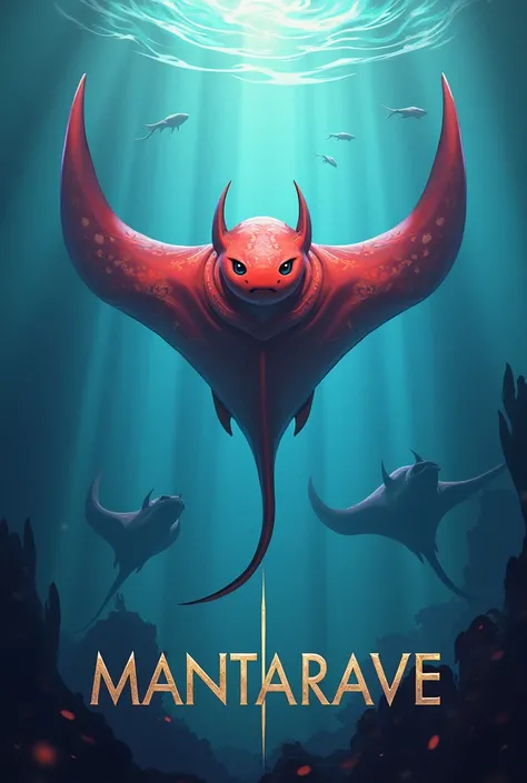 Make a cover of a game called MantaRave ,  fins with a normal stingray , with only two ,  in the background and in the center of the cover put some letters that say MantaRave. It mainly uses the colors red and blue. Dont make the mantraya so scary or deadl...