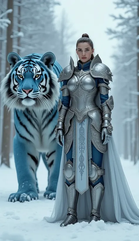 A small woman in heavy, shimmering Russian-inspired silver armor stands in a snow-covered forest. Behind her, a colossal Siberian tiger, its massive frame protected by intricate, icy-blue armor, stares fiercely into the distance. Photorealistic 3D render, ...