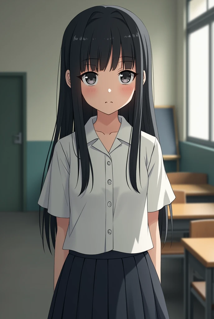 Create a girl with long straight sleeve-type black hair in a school uniform with braces  


