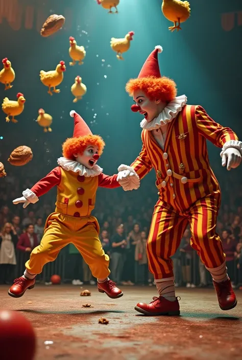 Write a scene where a circus performance takes a wild turn when a pint-sized clown, fed up with the antics of another, confronts them with unexpected bravery, using whimsical weapons like pies and rubber chickens to defend their honor."