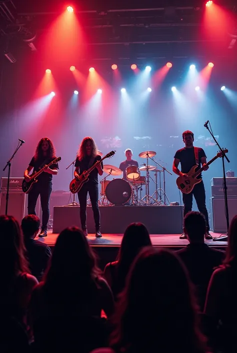 Une image dun groupe de rock en train de jouer sur une scène. Je voudrais une image assez réaliste 