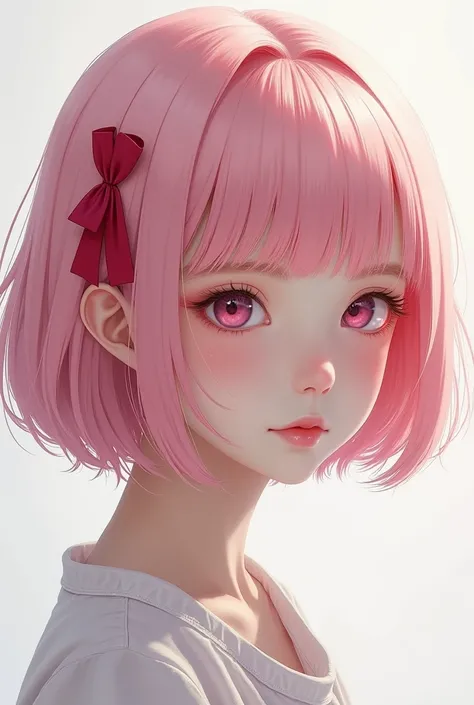 Realistic, realistic texture, A teen girl with bob light pink hair ,red ribbon on hair, hair and pink eyes and she has White skin 