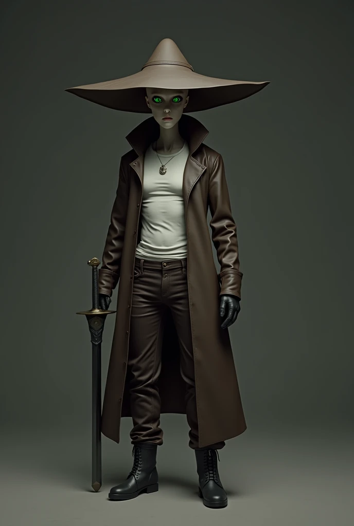 
- Green leather
- Empty dark green eyes
- Without a mouth
- Bald (hairless)
 - Wears a white tank top
- Dark brown open-toed jacket with hat and hood
- Dark brown gloves
- Dark brown pants with almost black boots
- He carries a sword