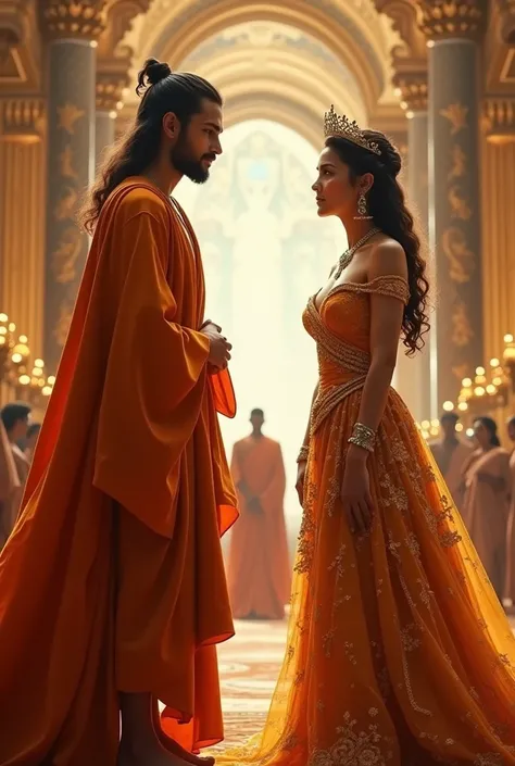 "A young, handsome ascetic standing wearing orange dress boy confidently in a grand royal hall, facing the princess. The princess, dressed in an elegant royal gown and adorned with jewels, looks at him curiously. The throne room is majestic, with golden pi...