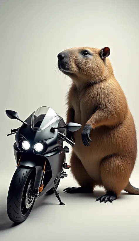 A cool bike and capybara in front of each other in one frame.