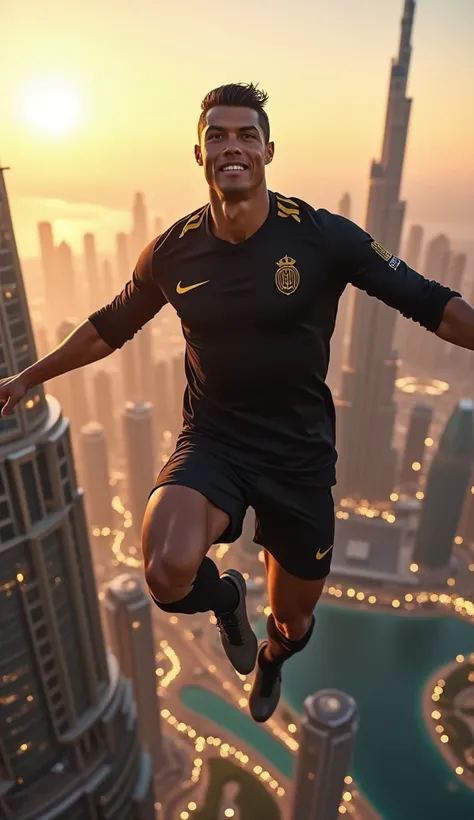 Ultra-realistic depiction of Cristiano Ronaldo mid-air, leaping from the top of the Burj Khalifa in a dramatic and dynamic pose. He is wearing a sleek black sports outfit with subtle gold accents, his muscular physique perfectly detailed. The wind ruffles ...