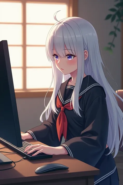 A girl with long white hair in a Japanese black sailor costume playing on the computer