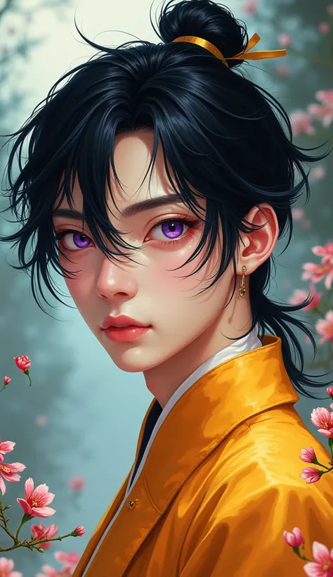 a 24-year-old Chinese man ,  style with delicate features, with purple eyes and very long black hair with messy bangs ,  who wears a yellow-orange Hanfu , In the very attractive Manhua 