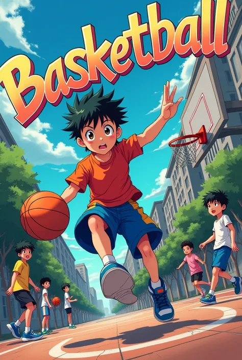 Anime boy playing basketball with the word "BASKETBALL" on the background in a graffiti style of writing. Fun and colorful anime art.