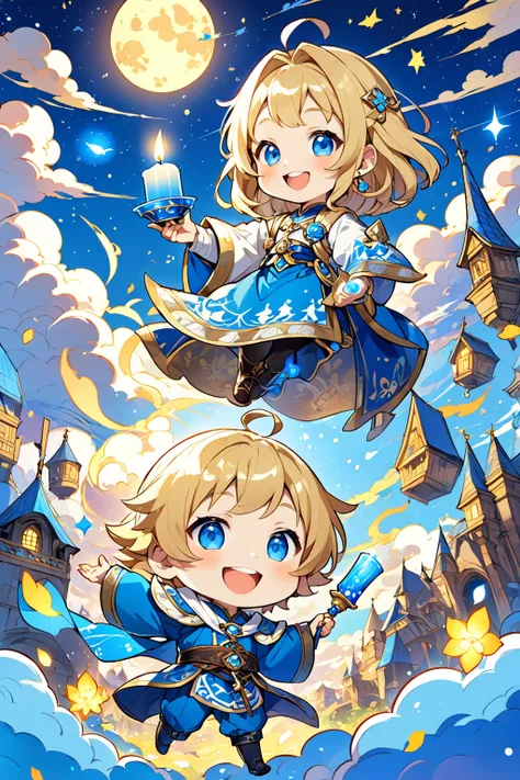 deformed characters 、Chibi style anime style、1 person、Onmyoji、  A young adult man with golden blond hair and blue eyes,  Symbols and elements of the sky 、 Illuminated and cloud atmosphere ,  vibrant and energetic composition ， Clear style ，European medieva...