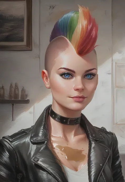 score_9, score_8_up, score_7_up, oil painting, traditional media, realistic, 1girl, solo, female, blue eyes, rainbow hair, mohawk, leather outfit, leather choker, looking at viewer, closed mouth, standing, indoors, light falling through hair, wall backgrou...