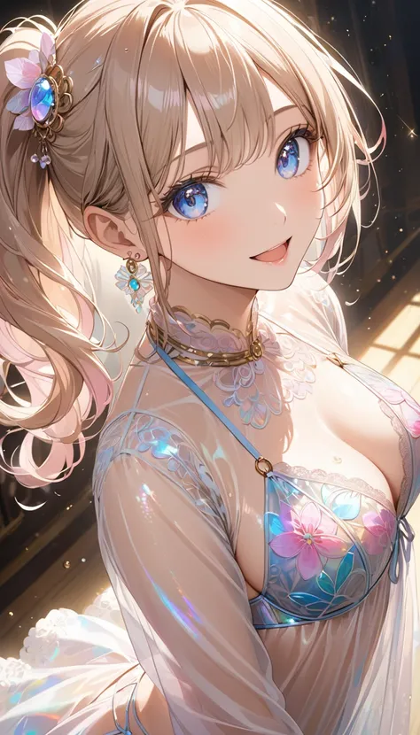  （Big Breasts:1.9）. SIDE PONYTAIL HAIR.Steampunk. hollow eyes, saliva,  open your mouth、  Focus on Lower Body  、 gradient light pastel beige transparent hair、（View from directly below:1.7） ,  a woman with a gentle expression  ,  soft pink and beige colors ...