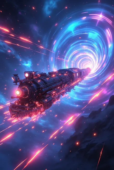 Science-Fiction, realistic.  glowing shadows of a steam punk locomotive ,  which flies spirally and dynamically through cosmic space and breaks through and destroys many dimensional layers,  with many beautiful light trails ,  that spiral .  many stories a...