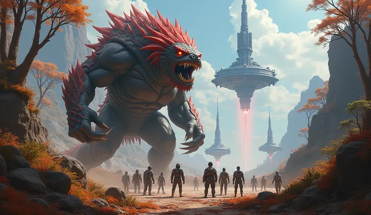 "An epic sci-fi scene set on a dangerous deathworld. A massive Thyxor, a towering, fierce predator with sharp claws and glowing eyes, stands protectively between a group of humans and an advancing enemy army. The Thyxor is roaring triumphantly, its muscles...