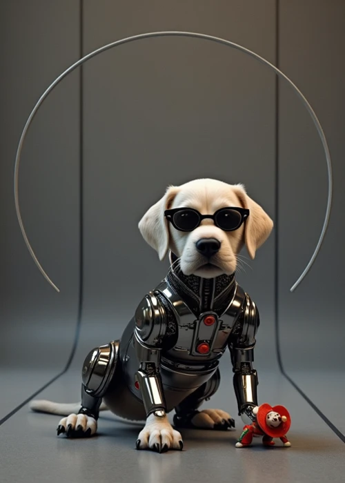 (aerial view). realistic portrait, a robotic Labrador puppy with black micro sunglasses, 1dog, playing with a small clown toy, simple outlined sci-fi tunnel in the background.