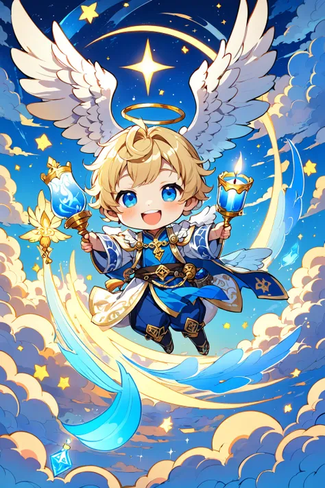 deformed characters 、Chibi style anime style、1 person、Onmyoji、  A young adult man with golden blond hair and blue eyes, wings on his back,  Symbols and elements of the sky 、 Illuminated and cloud atmosphere ,  vibrant and energetic composition ， Clear styl...