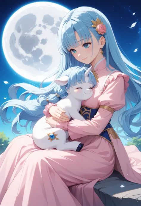 Long haired anime girl hugging a white  unicorn ( unicorn)1 long haired anime girl hugging、smile、   1 anime girl with long hair hugging a pink dress  , Ethereal Anime,  More beautiful than Kira ,  More beautiful than Kira  art,  More beautiful than Kira  a...