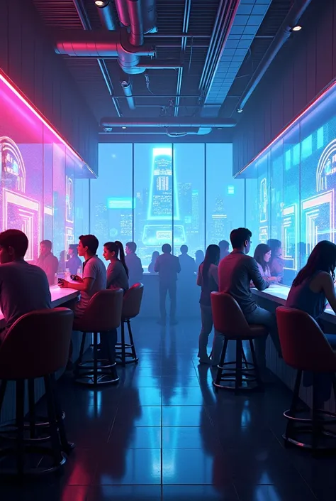 Futuristic bar scene with glowing holograms, sleek high-tech interior design, neon blue and pink lighting, vibrant cyberpunk cityscape visible through glass walls, futuristic drinks, dynamic composition, cinematic lighting, inspired by sci-fi aesthetics —s...