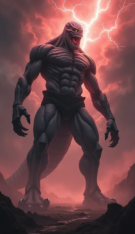 A colossal hybrid creature that combines elements of Titans from the Attack on Titan anime with the ferocity of dinosaurs. The being has a massive, muscular body with the upper torso and arms resembling the sinewy, powerful form of a Titan, complete with e...