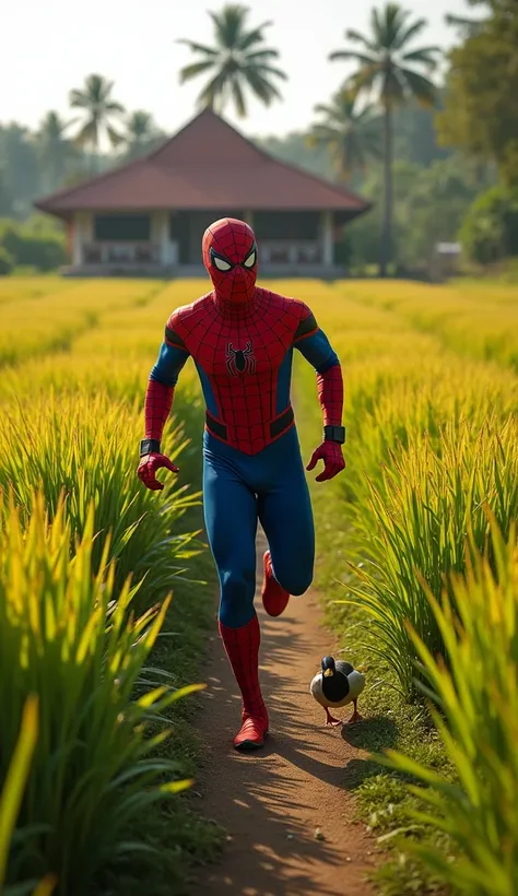  Spider-Man running through a narrow path surrounded by paddy fields, with ducks scattering and a traditional Kerala house visible in the distance. A light breeze sways the tall grass.  