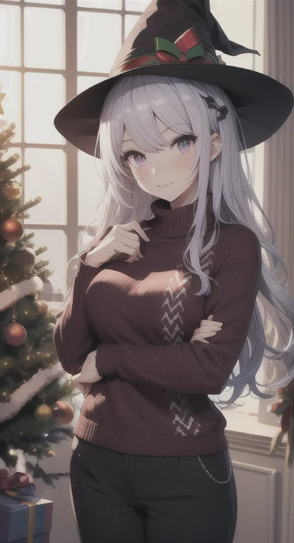 1girll, playgame, witch, purple eyes, Long silver hair, Large display,  Christmas sweater and pants, home, Christmas day, SFW, muted colors