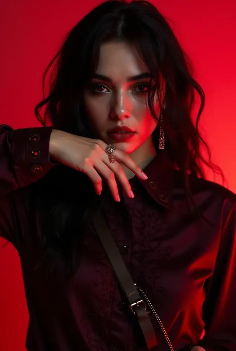  The image shows a man with an intense appearance and mysterious ,  with an air of dark elegance .  Her long, dark hair falls in waves ,  with a messy but stylized touch ,  giving her a rebellious air .  She has pale skin and penetrating red eyes that stan...