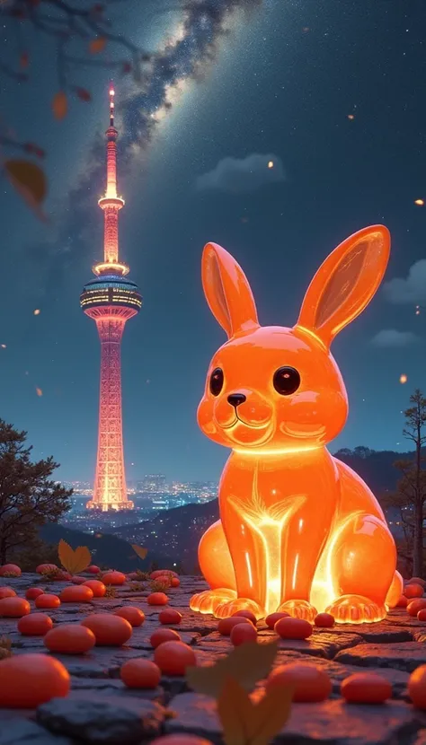 Seoul tower、  clear orange glass rabbit 、 Cute rabbit、 The night sky is beautiful、rabbit close-up  、Supple、 Imaginary、  Fascinating Beauty  、milky way、 universe