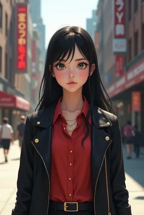  Give me a sixteen-year-old girl ,  long straight black hair , olive green eyes,  long button nose small , pink plump lips, short eyelashes,  Thick, outlined eyebrows ,  white skin ,  wearing a red button-down blouse and a black leather jacket with gold de...