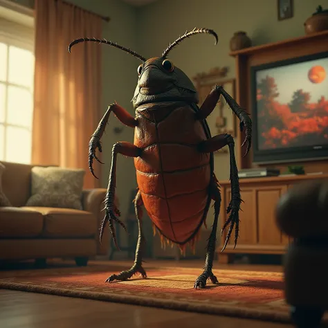 
A realistic 3D scene of a giant cockroach in a cozy living room, with only its feet appearing large and human-like, resembling a persons skin. The cockroach stands upright, its detailed feet contrasting with its insect body. The room features warm lightin...