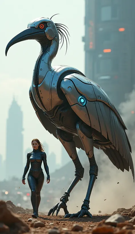 A female soldier in advanced military armor, holding gun and walking confidently across a war-torn battlefield. She is followed by a massive, futuristic robotic Giant Ibis, combining the majestic presence of a giant bird with advanced robotic technology. T...