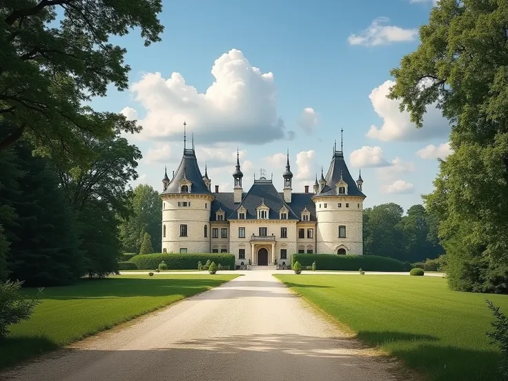  Landscape of an early 20th century German castle :  An aristocratic castle with towers and light stone walls ,  surrounded by a large well-kept garden . Tall trees frame the building ,  and a gravel road extends from the main entrance to the horizon.  The...