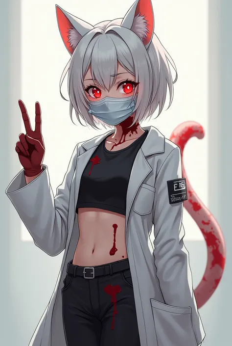  A young 28-year-old girl with short white hair up to her shoulders,  cat ears and tail  , with red eyes , sweet face  , breast size 2 , Slim , with a toned figure  .  Neko is wearing a science gown  ,  black pants ,  medical mask  ,  gloves and a black cr...