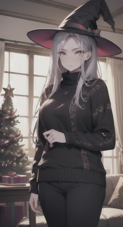 1girll, playgame, witch, purple eyes, Long silver hair, Large display,  Christmas sweater and pants, home, Christmas day, SFW, muted colors