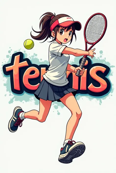 Anime girl playing tennis with the word "Tennis" on the background in a graffiti style of writing. Cool anime art style