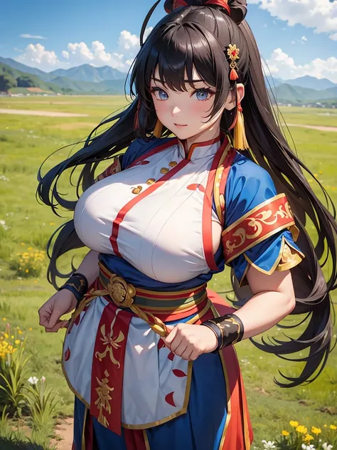 Mongolian sumo costume 、woman、 Big Breasts 、Small waist、 standing in a Mongolian grassland、Slightly muscular、