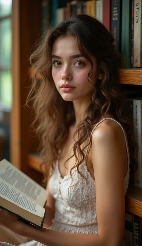 1 beautiful young girl, slim, cabello largo curvo,  light brown hair, rosy cheeks, beautiful lips, beautiful look, reading a book in a bookstore  ( masterpiece ,  better quality ,  High resolution:1.4), ,  cinematic ,  full body , realistic, (8K,  RAW phot...