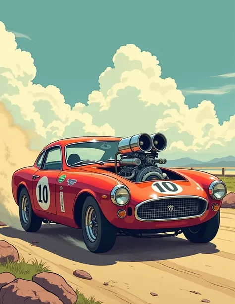 anime illustration of a racer vintage ( from 1966) car with a very big engine on it