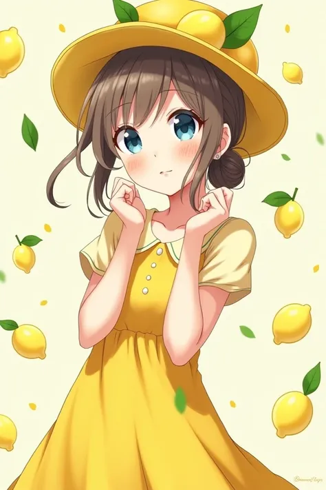 A lemon themed anime girl, around 23 with her hair back in a messy bun, round blue eyes, and a soft smile, wearing a yellow dress with a lemon hat 