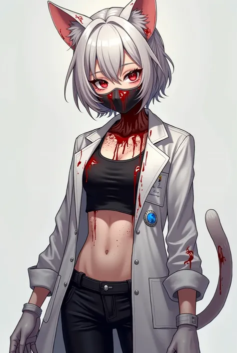  A young 28-year-old girl with short white hair up to her shoulders,  cat ears and tail  , with red eyes , sweet face  , breast size 2 , Slim , with a toned figure  .  Neko is wearing a science gown  ,  black pants ,  medical mask  ,  gloves and a black cr...