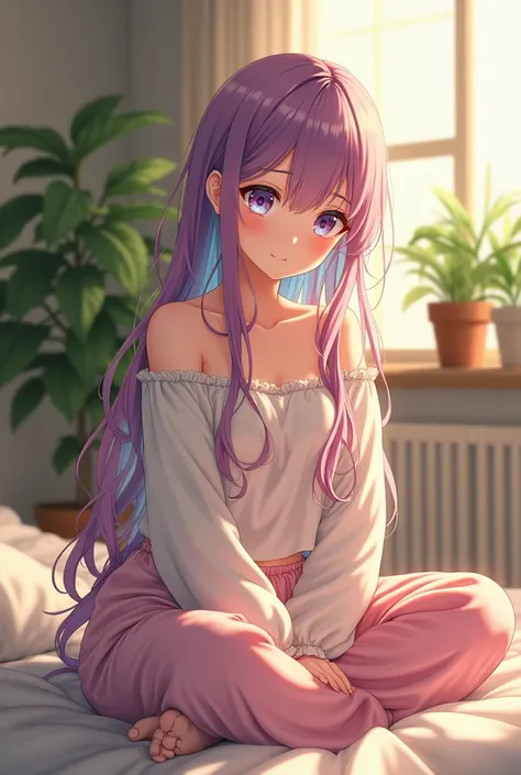 (photorealism:1.2), beautiful anime girl, sitting on bed, wearing loose off-shoulder top, pajama pants, Rainbow hair, indoors, soft lighting, plants in background, window with sunlight, cozy room, relaxed pose, realistic, intricate details, warm colour