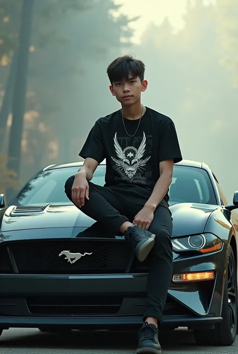 Create me an image a boy sitting on a mustang car put name on his shirt demon make it look like ai generated and make it look like I think 20 y/old 