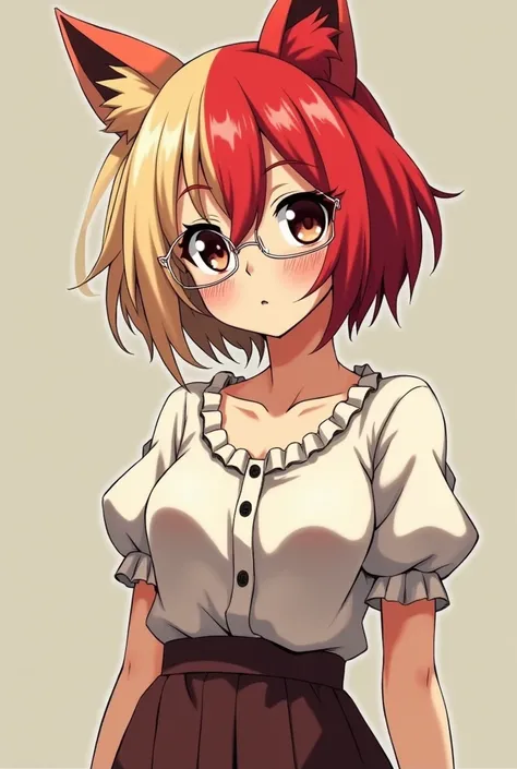  an anime character/ visual novel from the 90s ,  the hair is light blonde on the right side and red on the left side , Short by Maria Chiquinha .  Ears the reddish color of the hair upwards of a dog.  A blouse with puffy sleeves and a ruffled collar ,  a ...