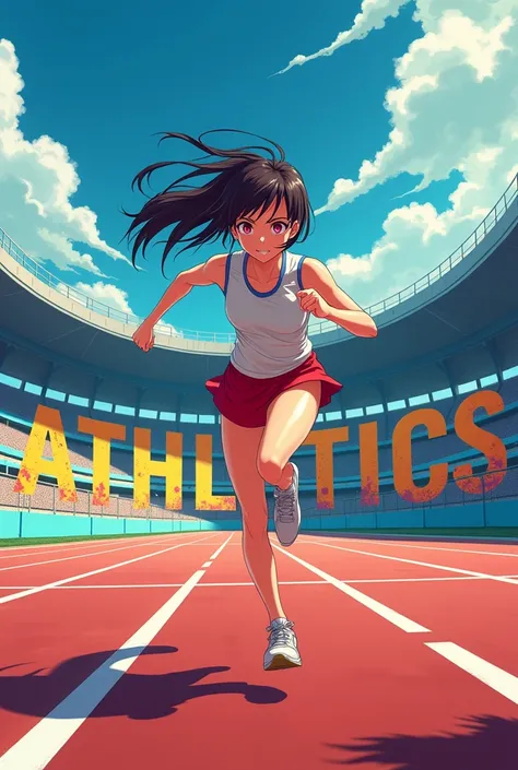 Anime girl running in the oval with the word ATHLETICS" on the background in a graffiti style of writing. Cool anime art style